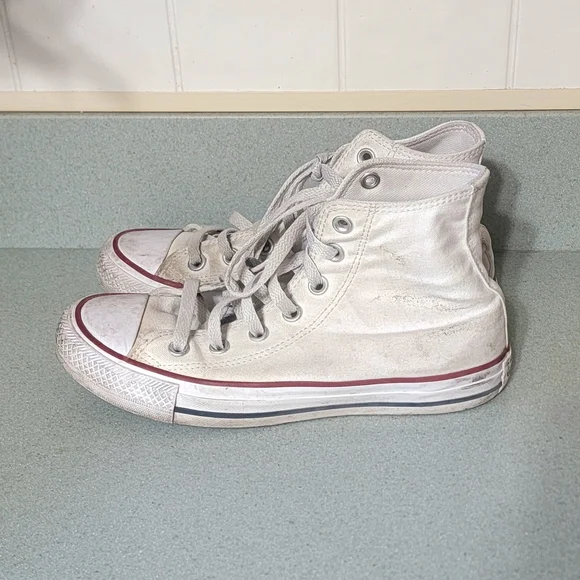 Very USED Well Worn Converse White High Top Sneakers with Red Trim - Picture 5 of 14